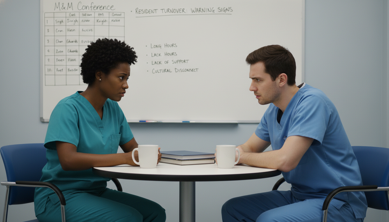 Surgery residents discussing program culture during a break Surgery residents discussing program culture during a break - Caribbean medical school residency for Resident Turnover Warnin