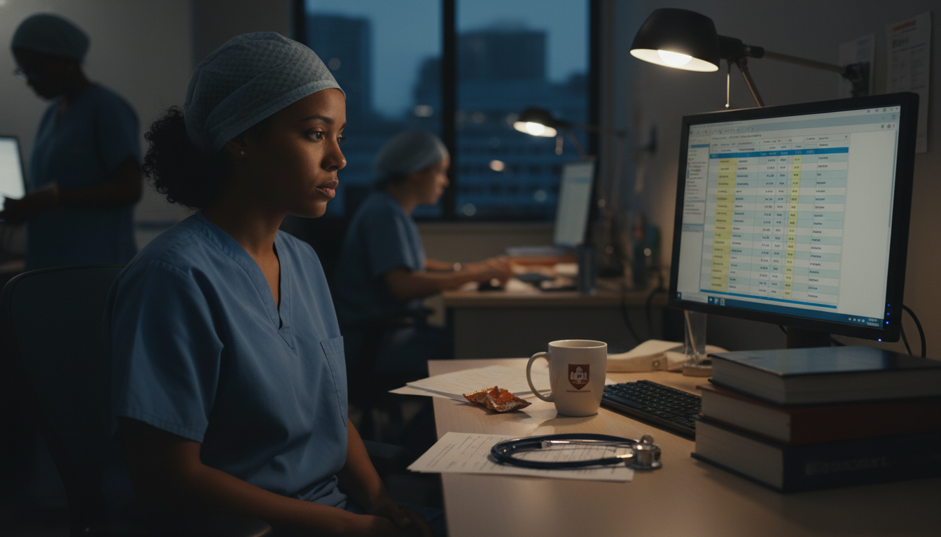 Surgical resident reviewing schedule and patient list late in the evening Surgical resident reviewing schedule and patient list late in the evening - Caribbean medical school residency for Work-Life