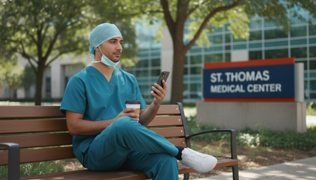 Surgical resident taking a brief wellness break outside hospital Surgical resident taking a brief wellness break outside hospital - Caribbean medical school residency for Work-Life Balance A