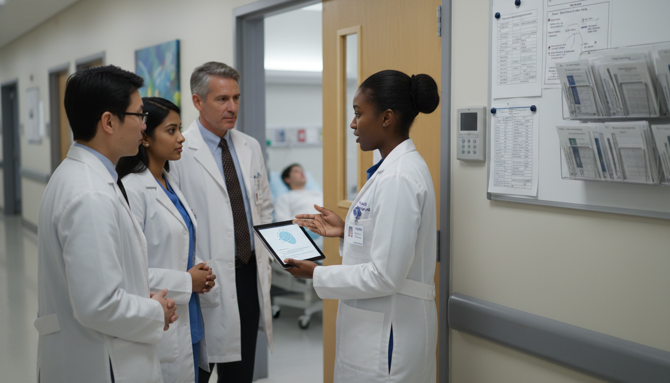 Caribbean IMG discussing clinical case during psychiatry round Caribbean IMG discussing clinical case during psychiatry round - Caribbean medical school residency for Common Interview Ques