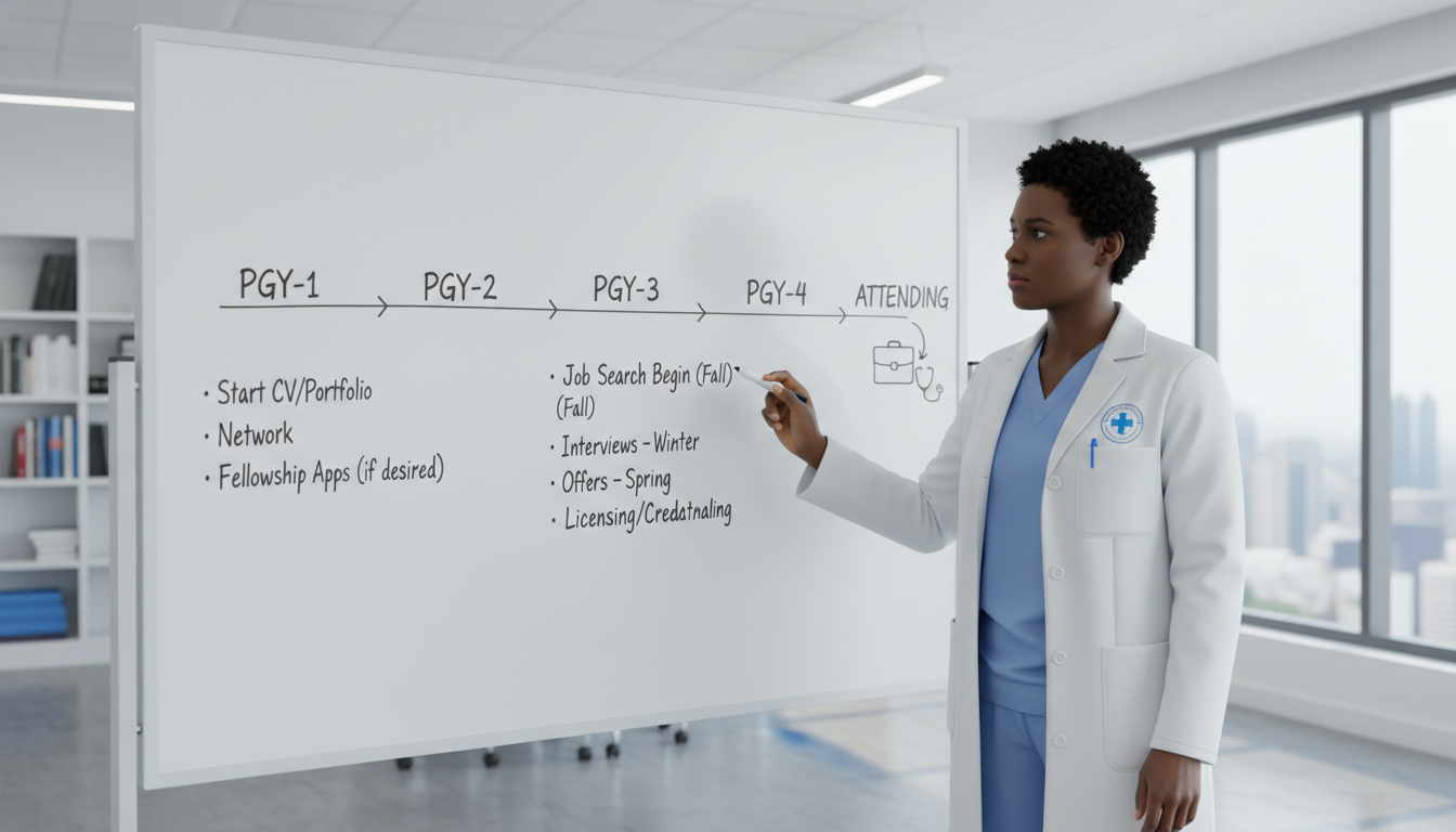 Psychiatry resident planning career path on a whiteboard timeline Psychiatry resident planning career path on a whiteboard timeline - Caribbean medical school residency for Job Search Timing