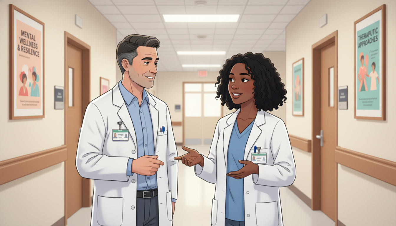 Caribbean IMG psychiatry resident speaking with faculty mentor Caribbean IMG psychiatry resident speaking with faculty mentor - Caribbean medical school residency for Questions to Ask Prog