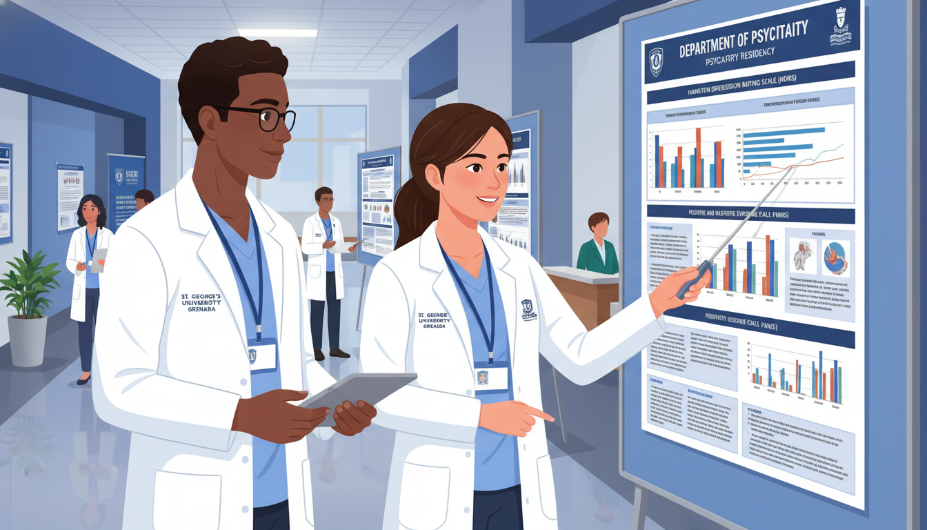 Psychiatry residents discussing a research poster in hospital hallway Psychiatry residents discussing a research poster in hospital hallway - Caribbean medical school residency for Research Durin