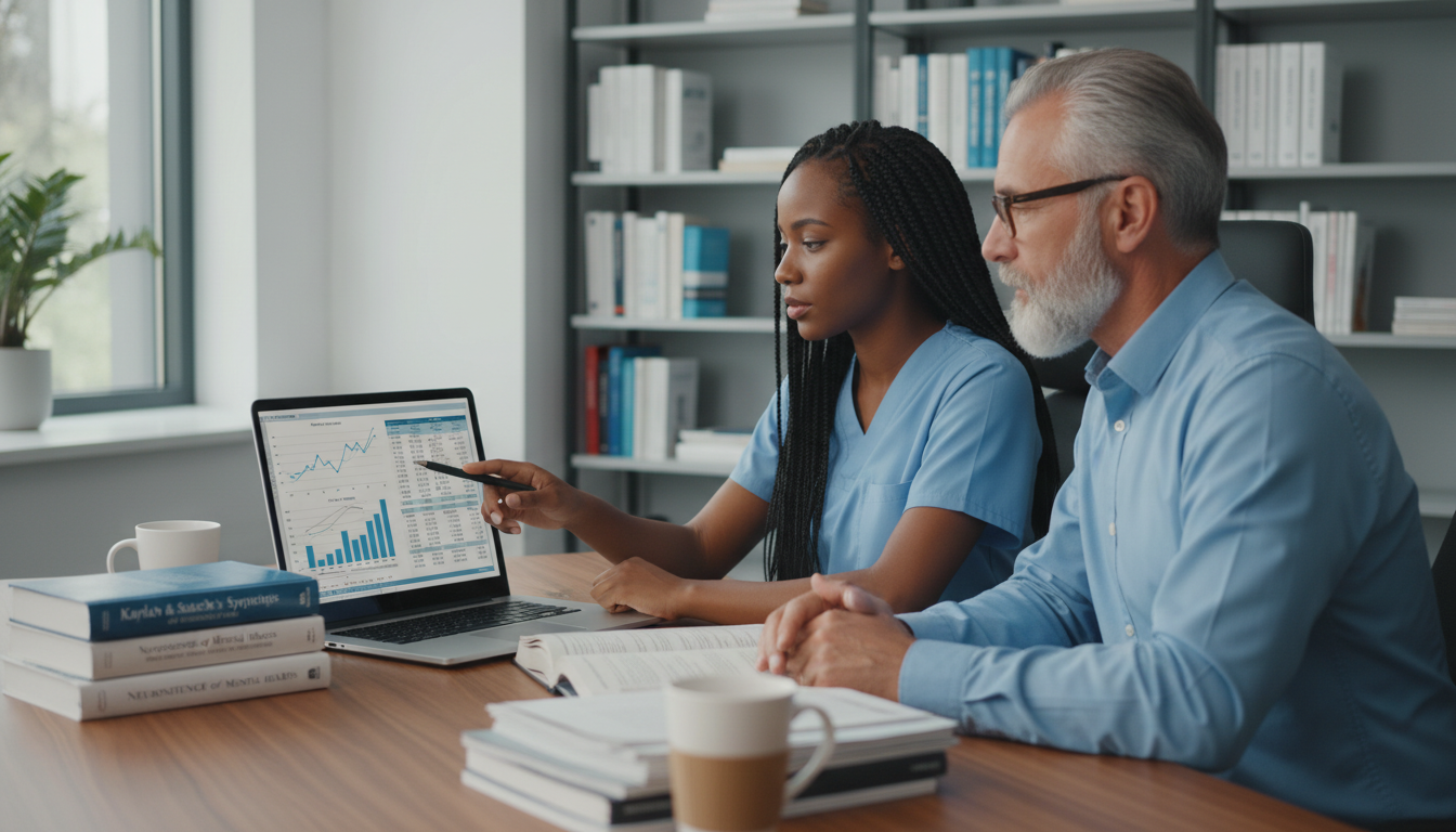 Resident psychiatrist analyzing data with mentor Resident psychiatrist analyzing data with mentor - Caribbean medical school residency for Research During Residency for Carib