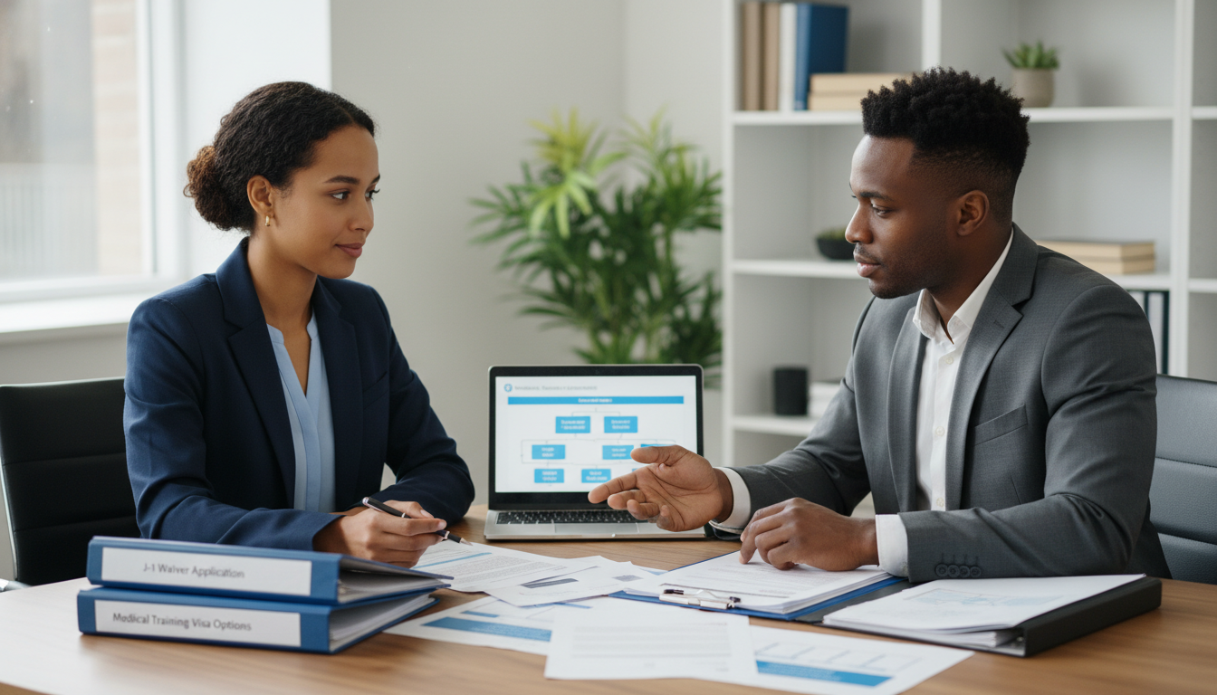 Caribbean IMG psychiatrist discussing J-1 waiver career options Caribbean IMG psychiatrist discussing J-1 waiver career options - Caribbean medical school residency for Visa Navigation for