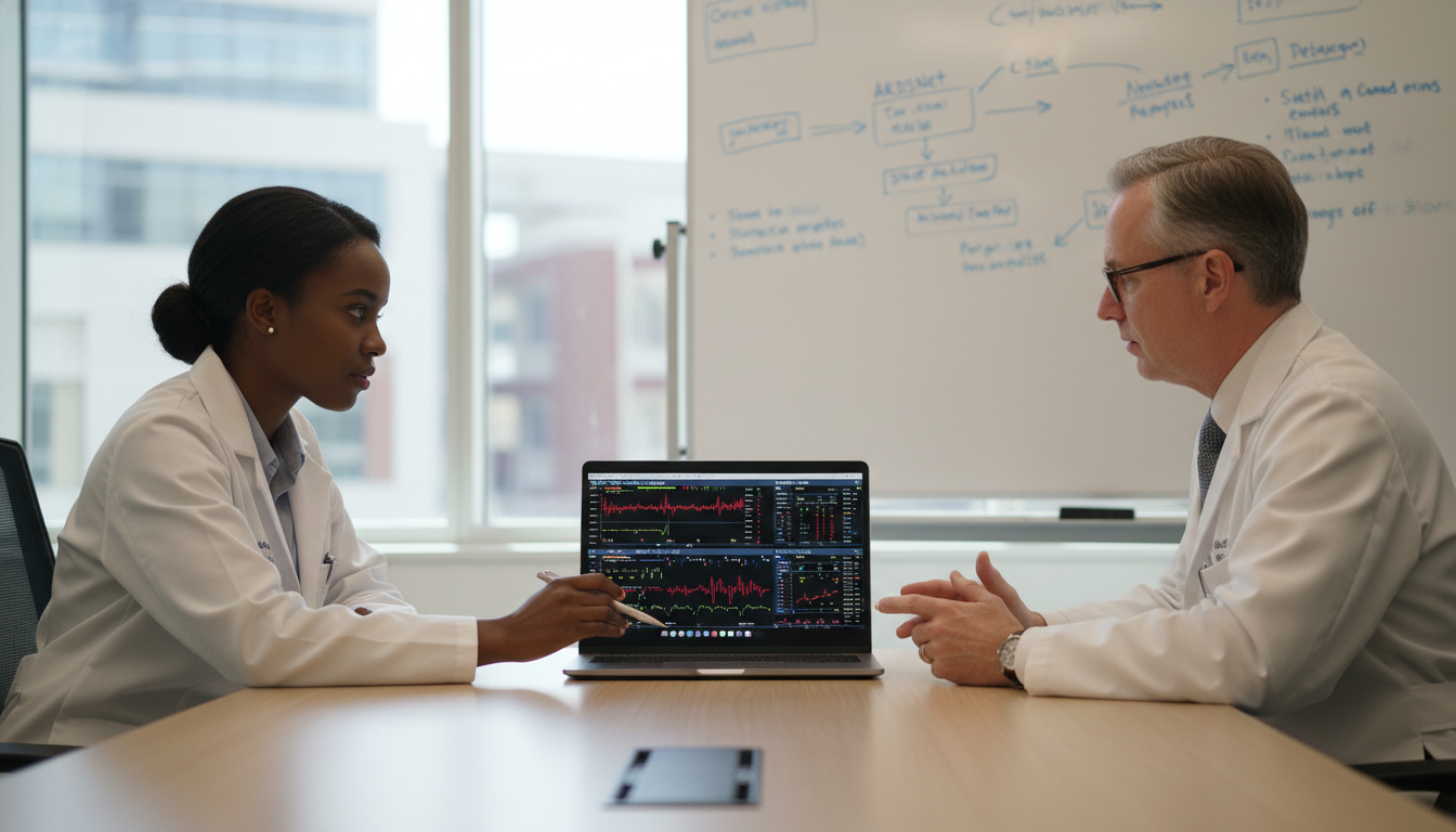 Resident and faculty collaborating on ICU research data Resident and faculty collaborating on ICU research data - Caribbean medical school residency for Research During Residency fo