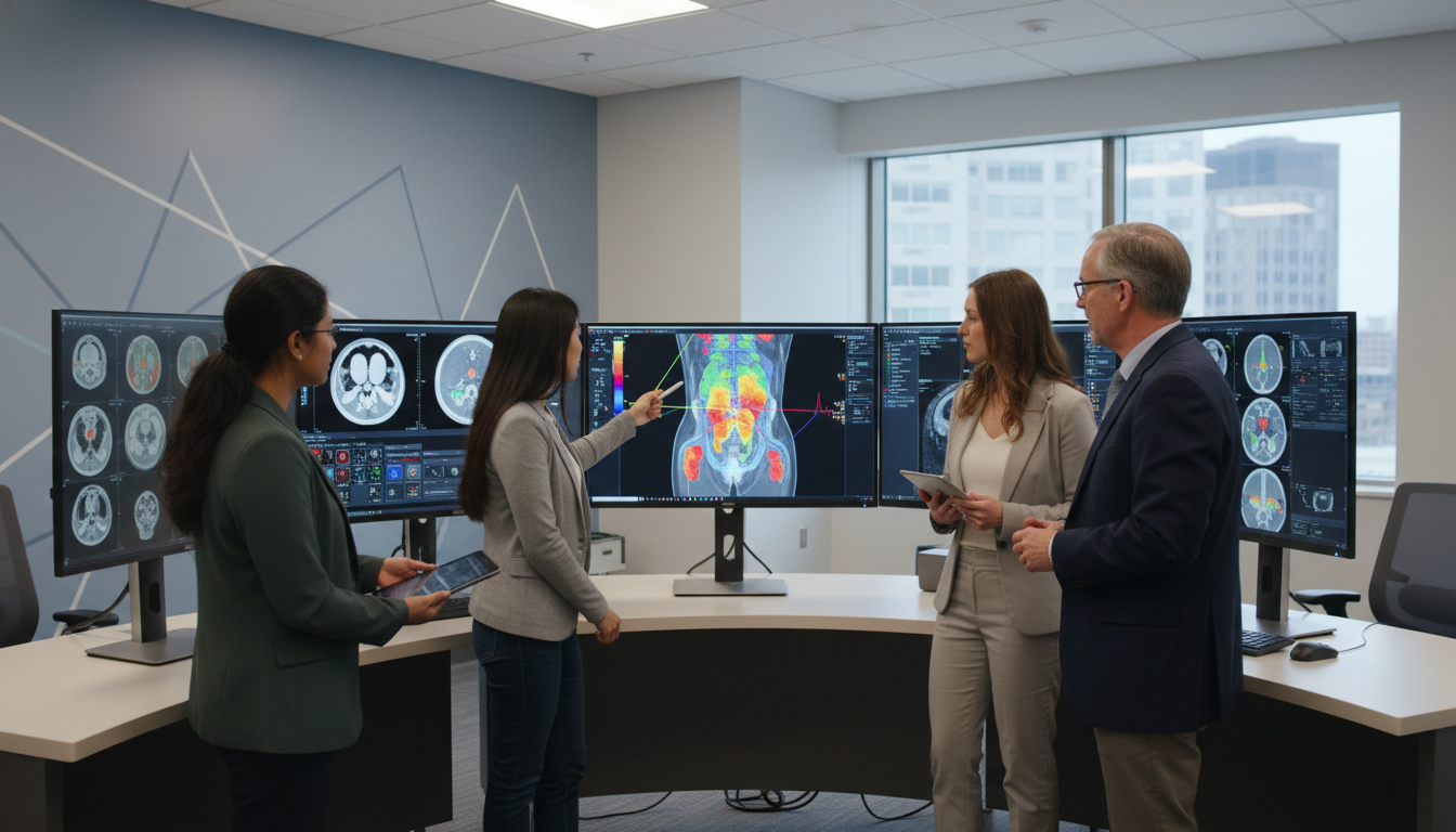 Radiation oncology residents discussing cases in a treatment planning room - Caribbean medical school residency for Questions