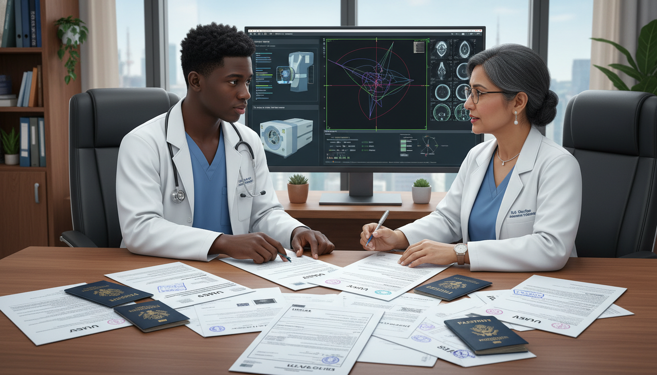 Radiation oncology resident discussing visa planning with advisor Radiation oncology resident discussing visa planning with advisor - Caribbean medical school residency for Visa Navigation fo