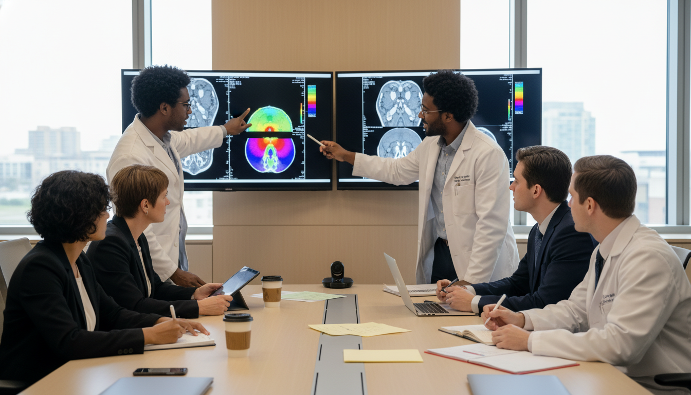 Radiation oncology team meeting discussing treatment plans Radiation oncology team meeting discussing treatment plans - Caribbean medical school residency for Work-Life Balance Assessm