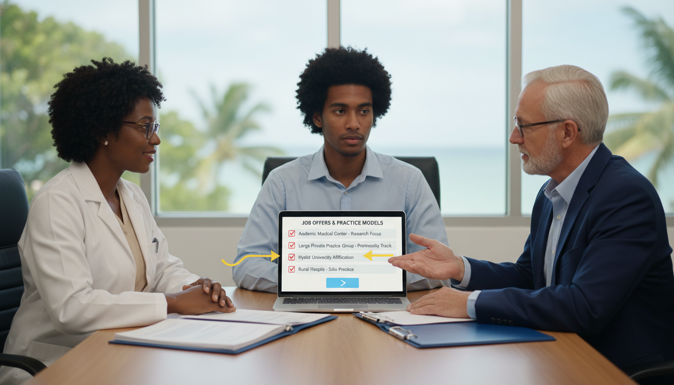 Radiology faculty and private practice group discussing career options with an IMG fellow Radiology faculty and private practice group discussing career options with an IMG fellow - Caribbean medical school residenc