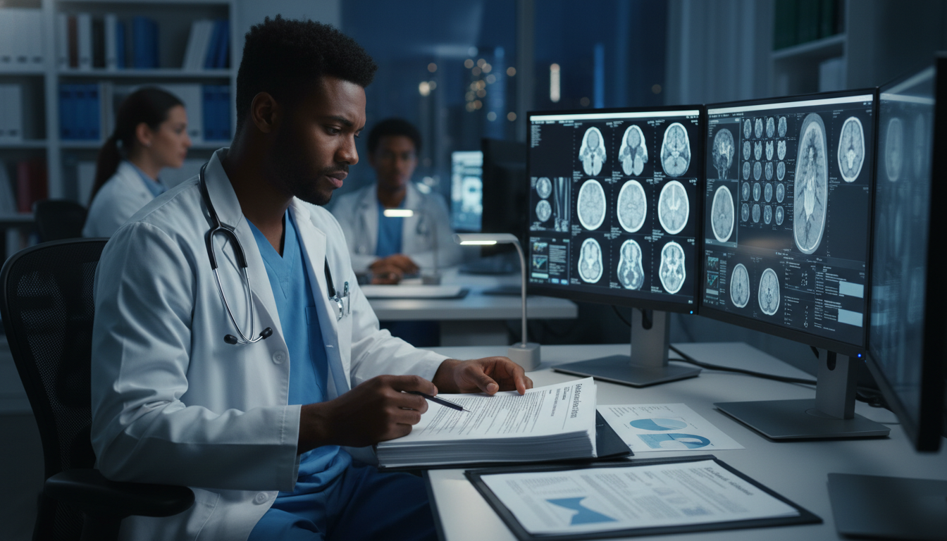 Radiology resident reviewing imaging and research portfolio Radiology resident reviewing imaging and research portfolio - Caribbean medical school residency for CV Building for Caribbea