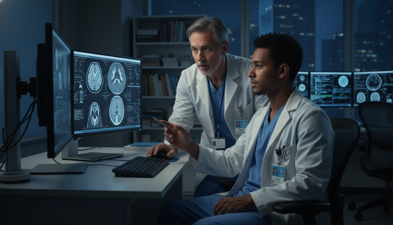 Diagnostic radiology resident on H-1B visa reviewing CT scans at an academic hospital Diagnostic radiology resident on H-1B visa reviewing CT scans at an academic hospital - Caribbean medical school residency fo