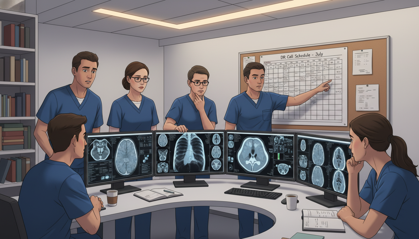 Radiology residents discussing workload and call schedule Radiology residents discussing workload and call schedule - Caribbean medical school residency for Identifying Malignant Prog