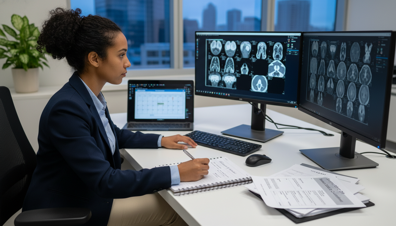 International medical graduate reviewing radiology cases and interview notes - Caribbean medical school residency for Pre-Int