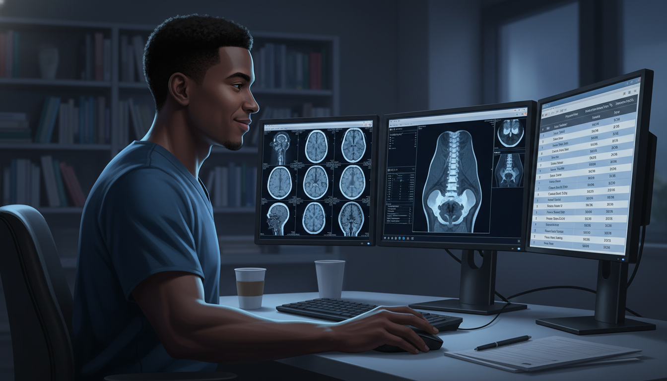 Diagnostic radiology resident reviewing imaging and program options - Caribbean medical school residency for Program Selectio