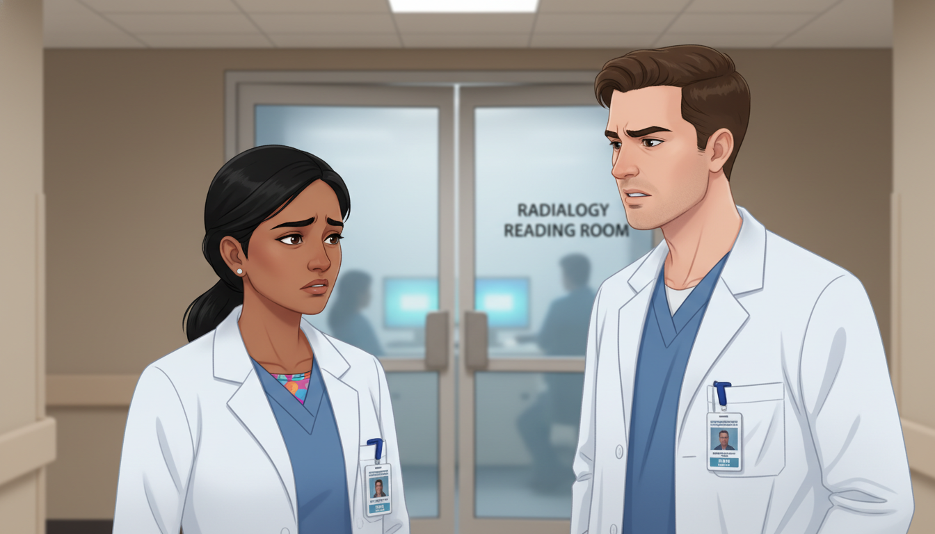 Concerned radiology resident talking privately with co-resident in hallway Concerned radiology resident talking privately with co-resident in hallway - Caribbean medical school residency for Resident