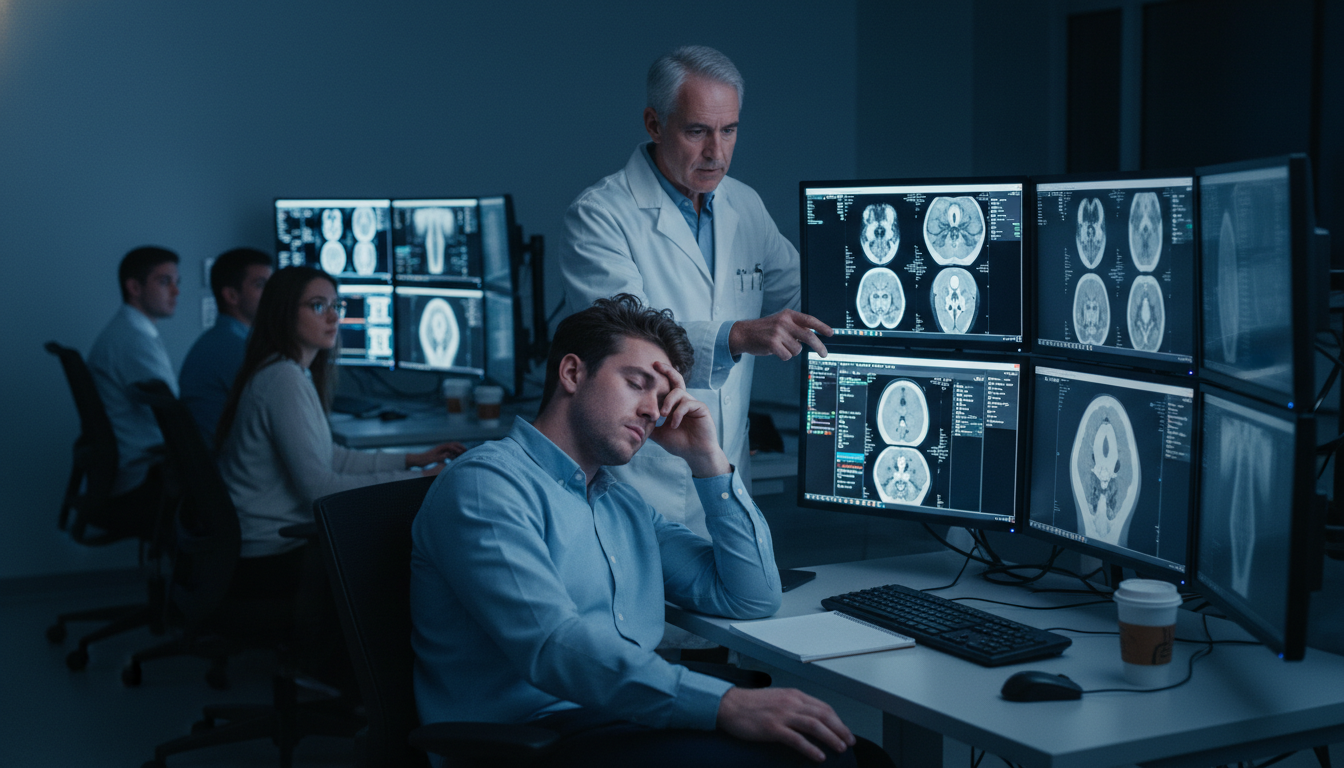 Radiology reading room with multiple monitors and residents under stress Radiology reading room with multiple monitors and residents under stress - Caribbean medical school residency for Resident Tu