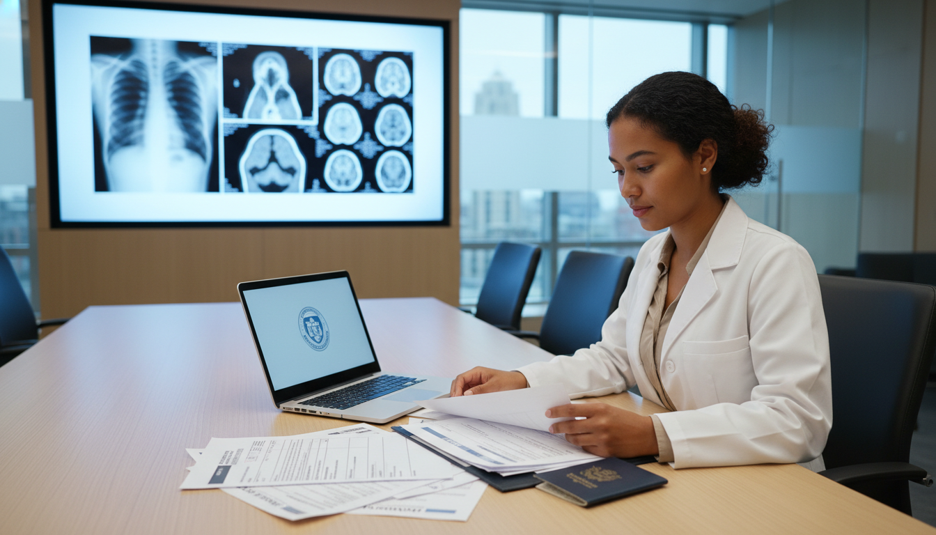 Caribbean IMG reviewing residency contracts and visa paperwork at a hospital Caribbean IMG reviewing residency contracts and visa paperwork at a hospital - Caribbean medical school residency for Visa Na