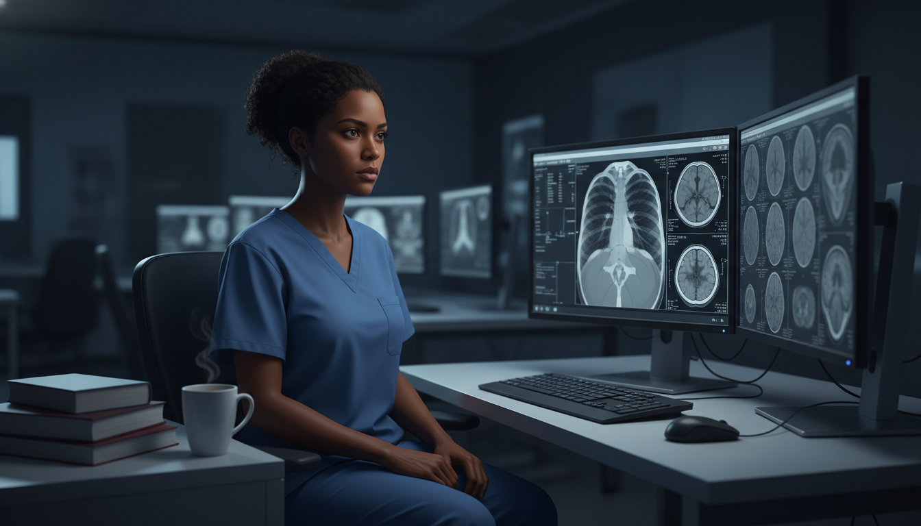 Radiology Resident on Call in a Hospital Reading Room at Night Radiology Resident on Call in a Hospital Reading Room at Night - Caribbean medical school residency for Work-Life Balance Ass