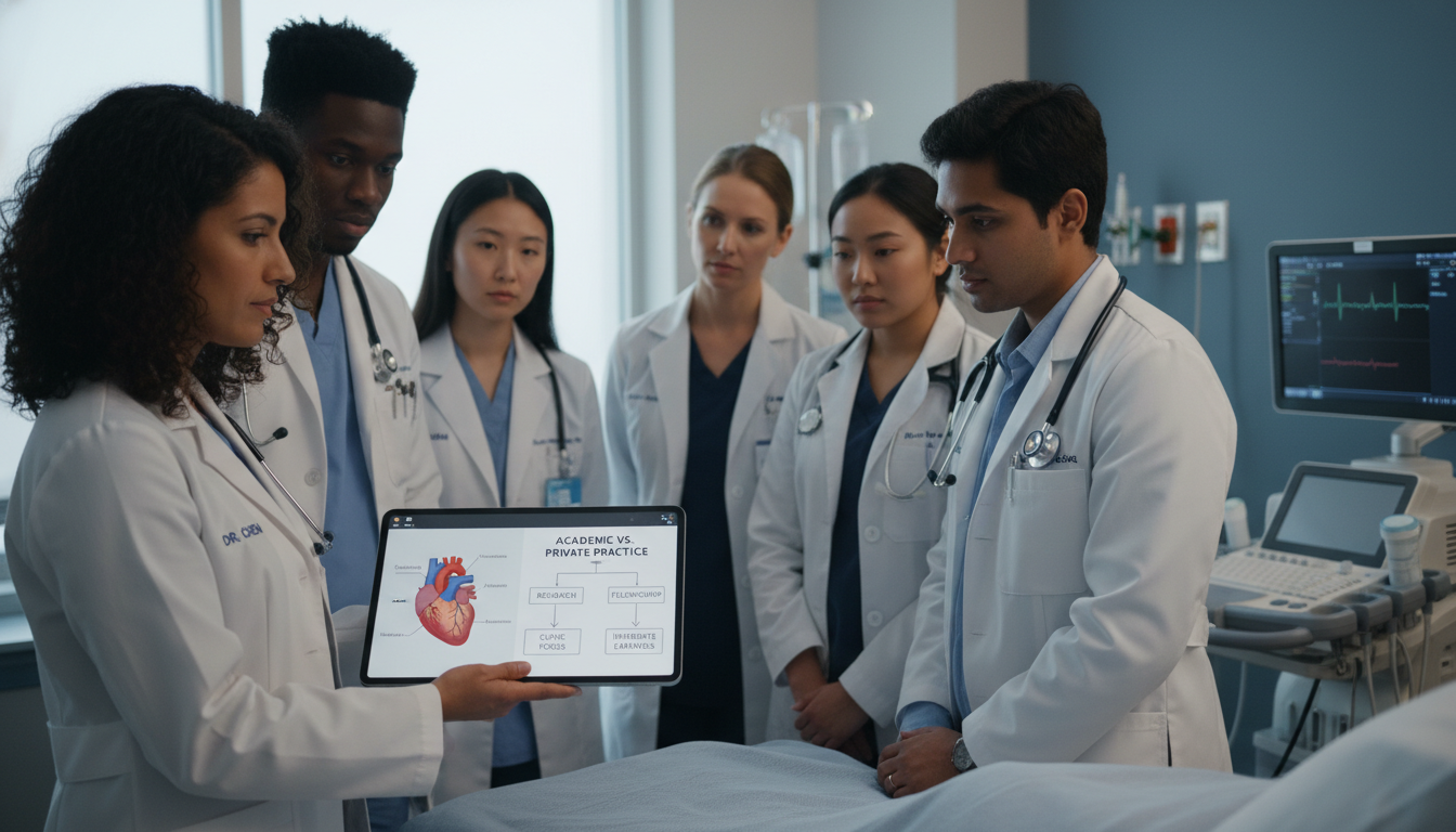 Academic physician teaching residents on hospital wards Academic physician teaching residents on hospital wards - Caribbean medical school residency for Academic vs Private Practice