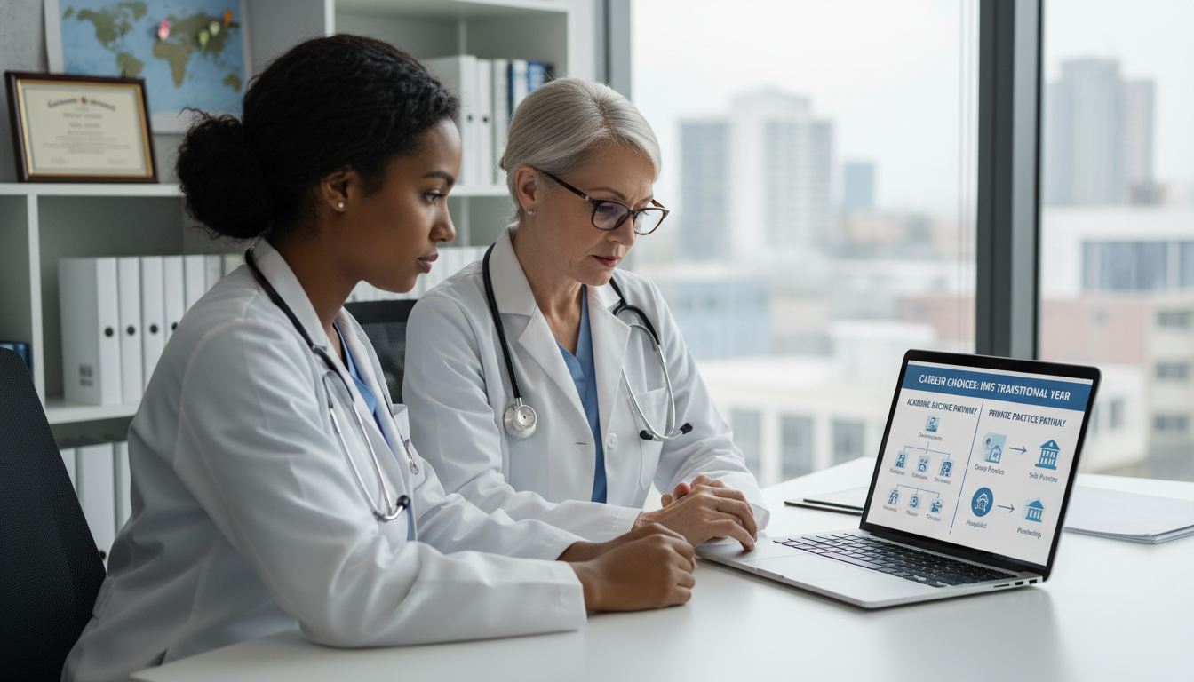 Transitional Year resident discussing career options with mentor Transitional Year resident discussing career options with mentor - Caribbean medical school residency for Academic vs Private