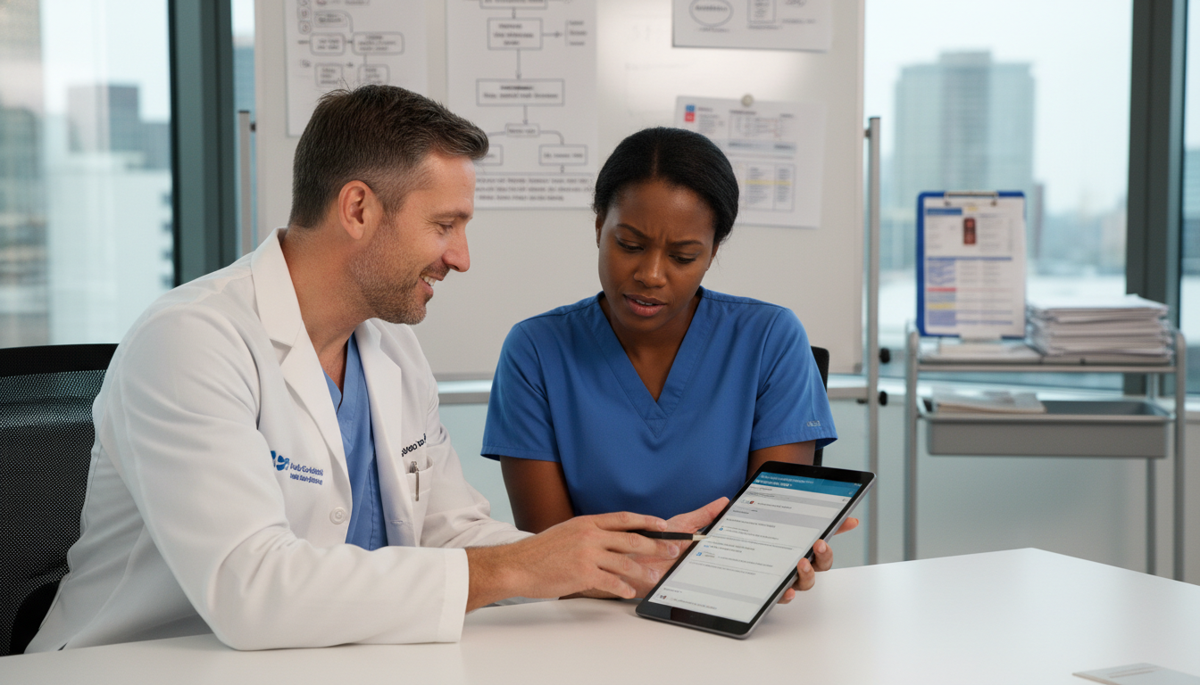 Attending physician and Caribbean IMG discussing residency letter of recommendation in hospital setting Attending physician and Caribbean IMG discussing residency letter of recommendation in hospital setting - Caribbean medical s