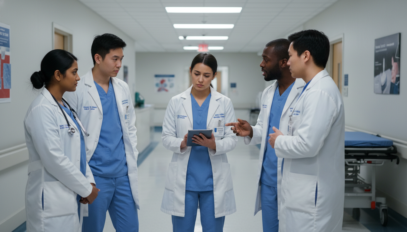 Residents discussing program culture and workload on a hospital ward Residents discussing program culture and workload on a hospital ward - Caribbean medical school residency for Identifying Mal