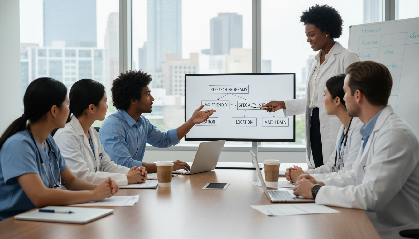 Transitional year residents discussing career plans with faculty Transitional year residents discussing career plans with faculty - Caribbean medical school residency for How to Research Pro