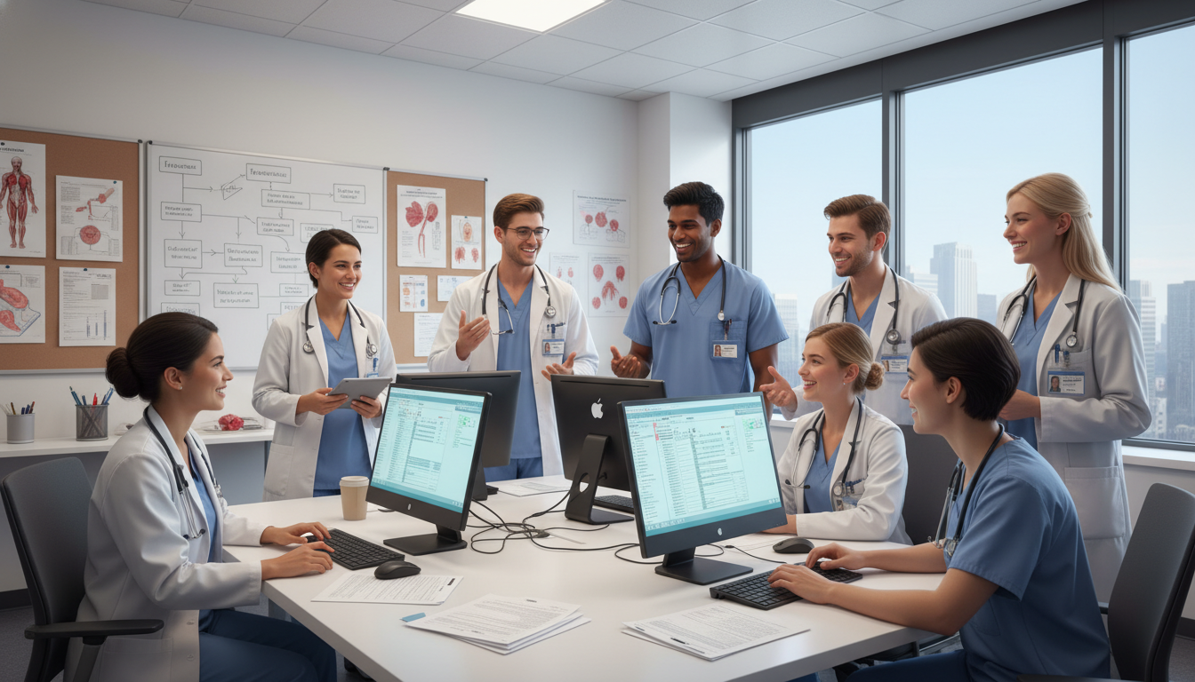 Transitional year residents collaborating in a hospital workroom - Caribbean medical school residency for Questions to Ask Pr