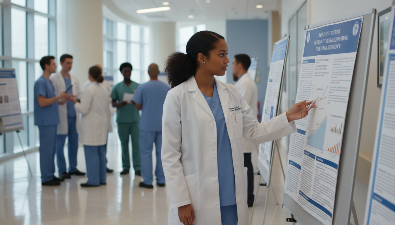 Transitional year resident presenting a research poster at a hospital conference Transitional year resident presenting a research poster at a hospital conference - Caribbean medical school residency for Res