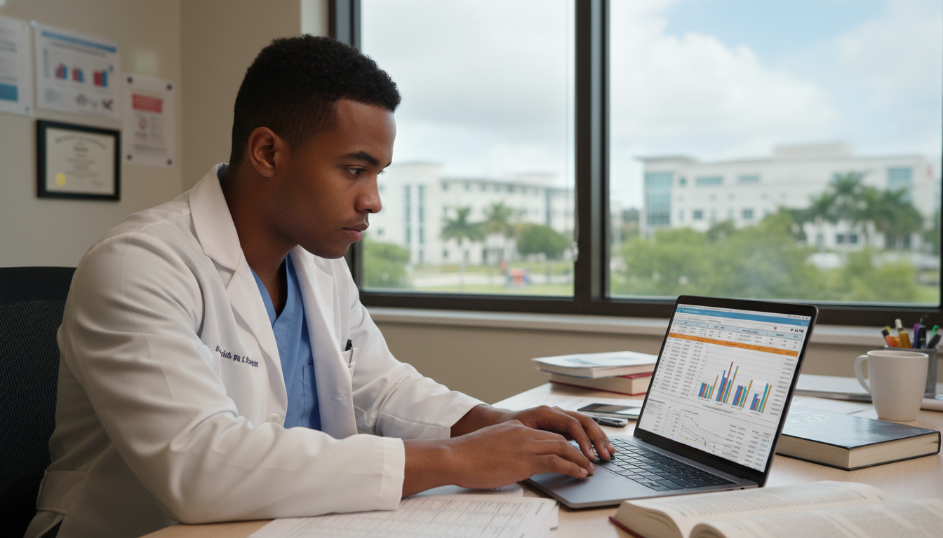 Caribbean IMG resident working on data analysis for a research project Caribbean IMG resident working on data analysis for a research project - Caribbean medical school residency for Research Duri