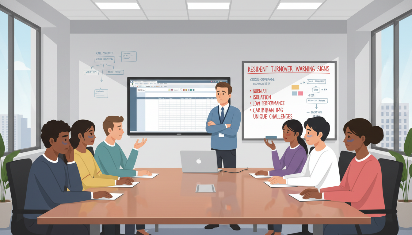 Transitional year residents in a conference room discussing challenges with program leadership Transitional year residents in a conference room discussing challenges with program leadership - Caribbean medical school res