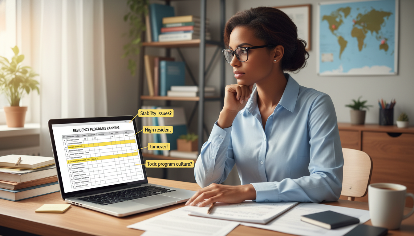 Caribbean IMG thoughtfully reviewing residency rank list with notes about program stability and turnover Caribbean IMG thoughtfully reviewing residency rank list with notes about program stability and turnover - Caribbean medical