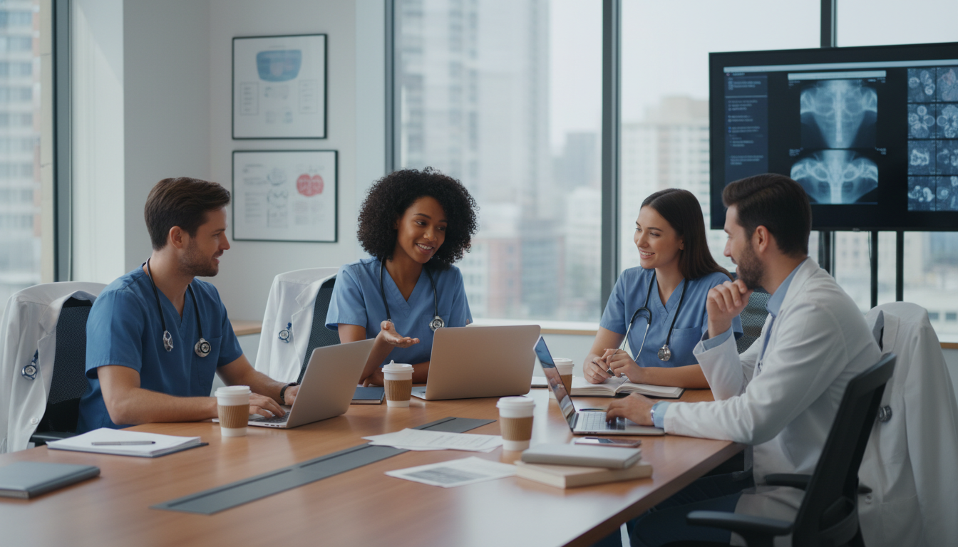 Transitional year residents collaborating during a lighter elective rotation Transitional year residents collaborating during a lighter elective rotation - Caribbean medical school residency for Work-Li