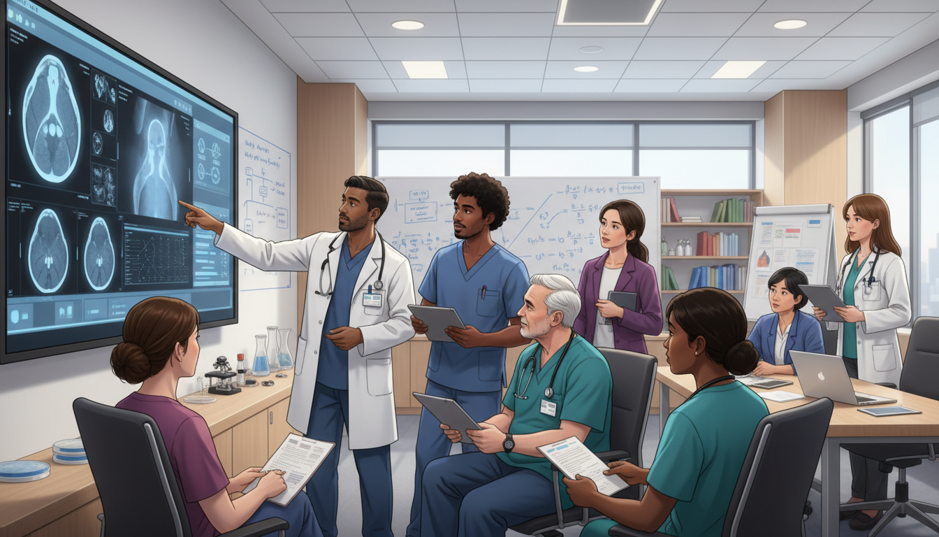 Academic urology team in teaching hospital reviewing cases Academic urology team in teaching hospital reviewing cases - Caribbean medical school residency for Academic vs Private Pract