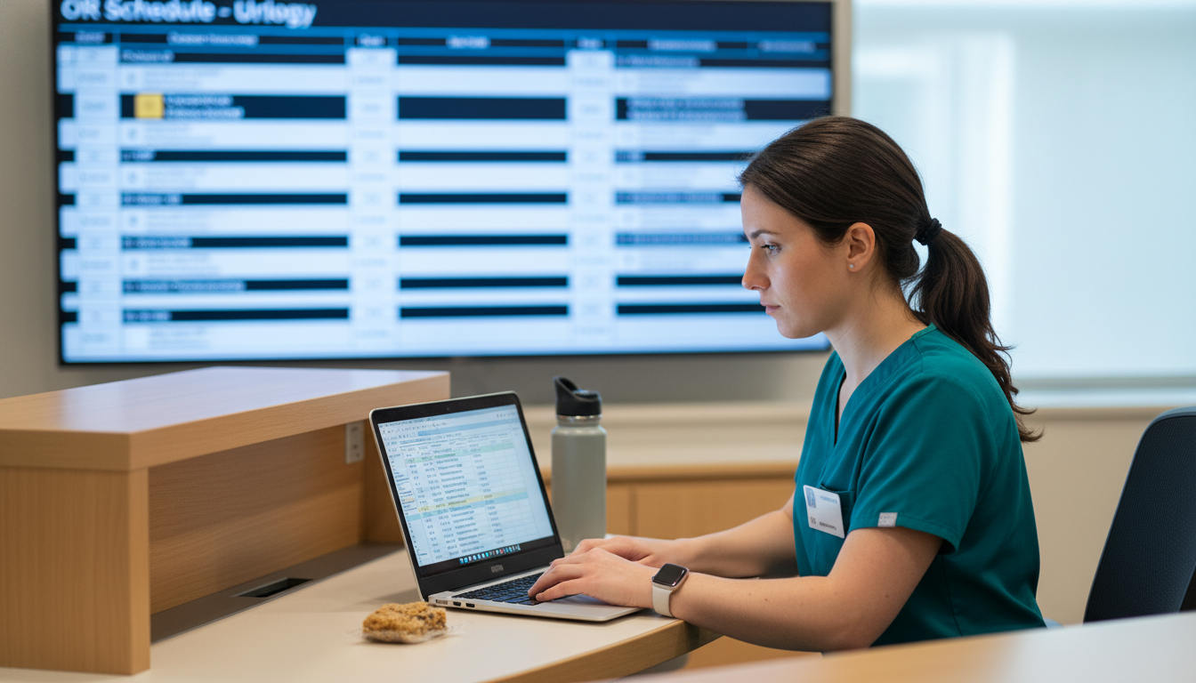 Medical student logging urology surgical cases on a laptop during rotation Medical student logging urology surgical cases on a laptop during rotation - Caribbean medical school residency for Case Volu