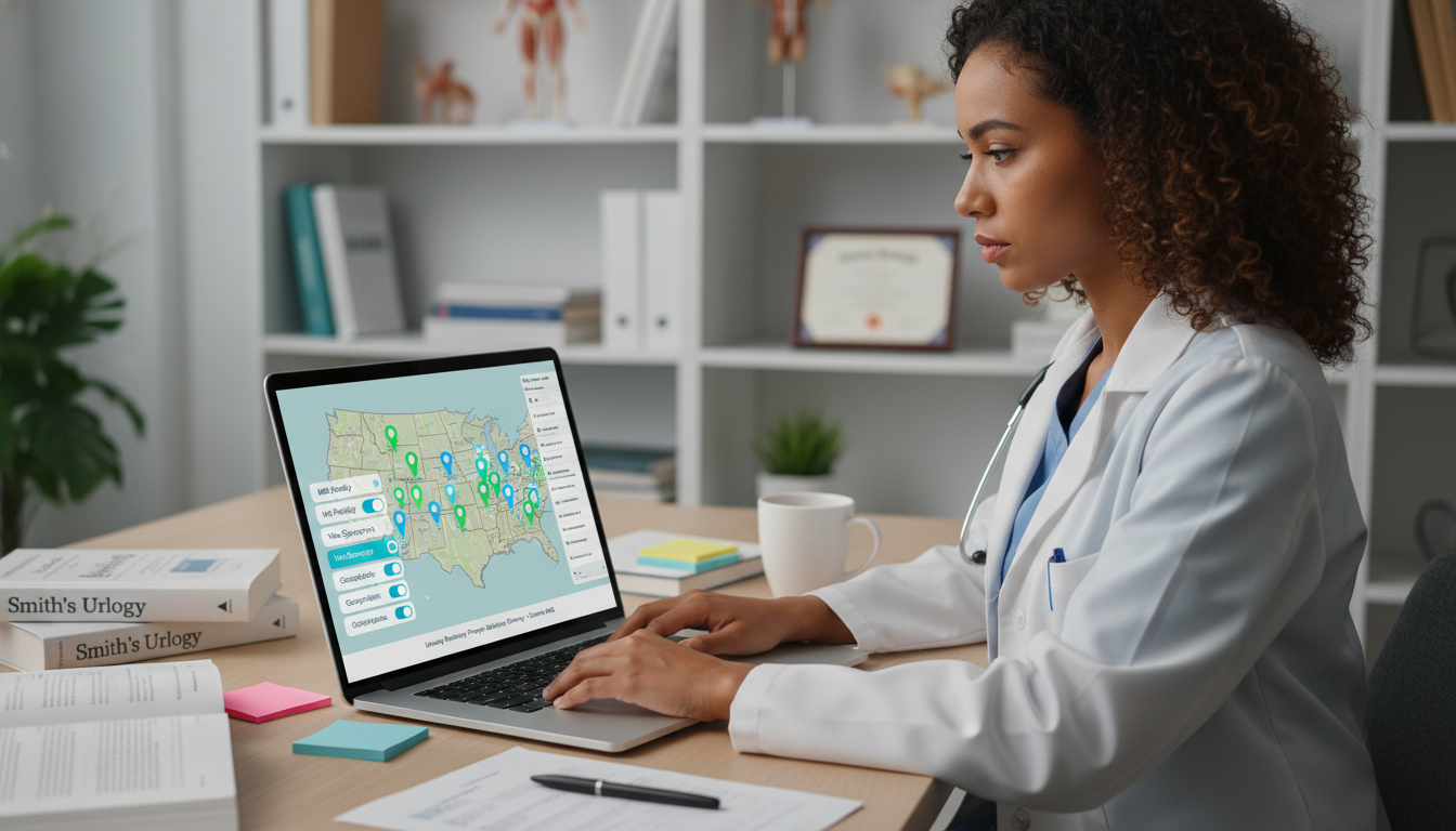 Caribbean IMG researching urology residency programs with US map and filters - Caribbean medical school residency for Program