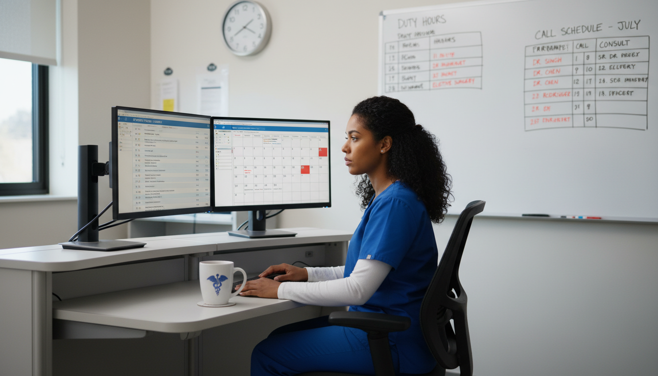 Urology resident reviewing patient schedule and call calendar Urology resident reviewing patient schedule and call calendar - Caribbean medical school residency for Work-Life Balance Asse