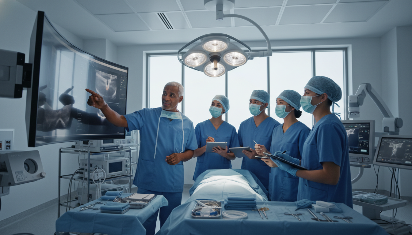 Vascular surgeon teaching residents in an academic operating room Vascular surgeon teaching residents in an academic operating room - Caribbean medical school residency for Academic vs Privat