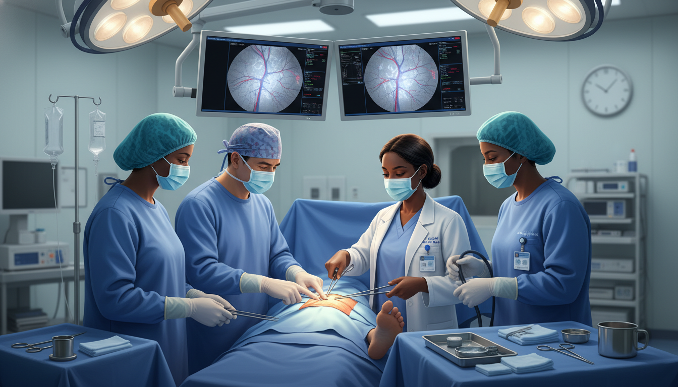 Vascular surgery team with visiting Caribbean IMG student in operating room Vascular surgery team with visiting Caribbean IMG student in operating room - Caribbean medical school residency for Away Rot