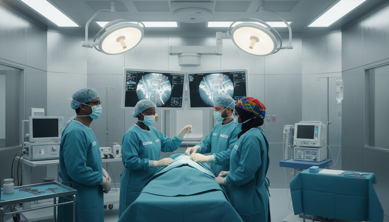 Vascular surgery team performing an endovascular procedure in a hybrid OR Vascular surgery team performing an endovascular procedure in a hybrid OR - Caribbean medical school residency for Case Volum