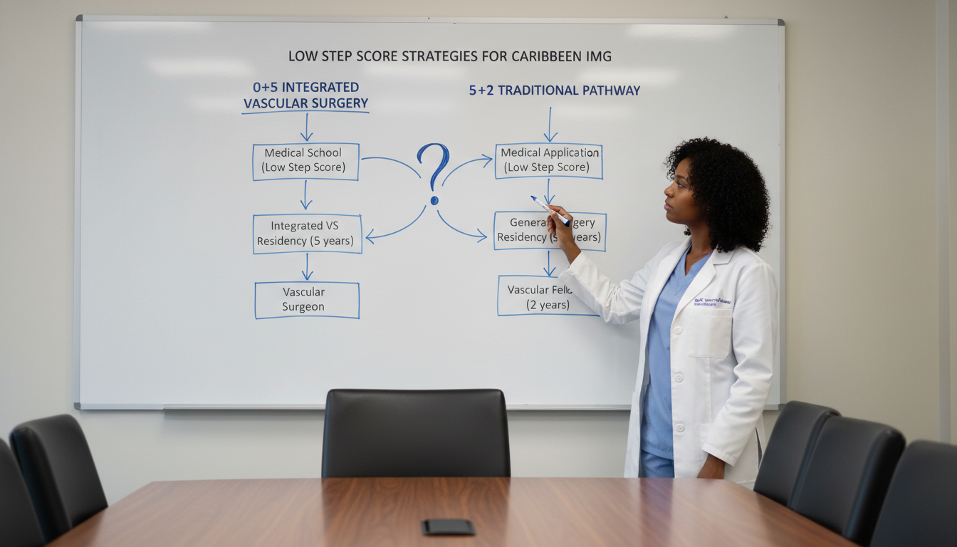Flowchart comparing integrated vascular surgery vs general surgery pathway - Caribbean medical school residency for Low Step