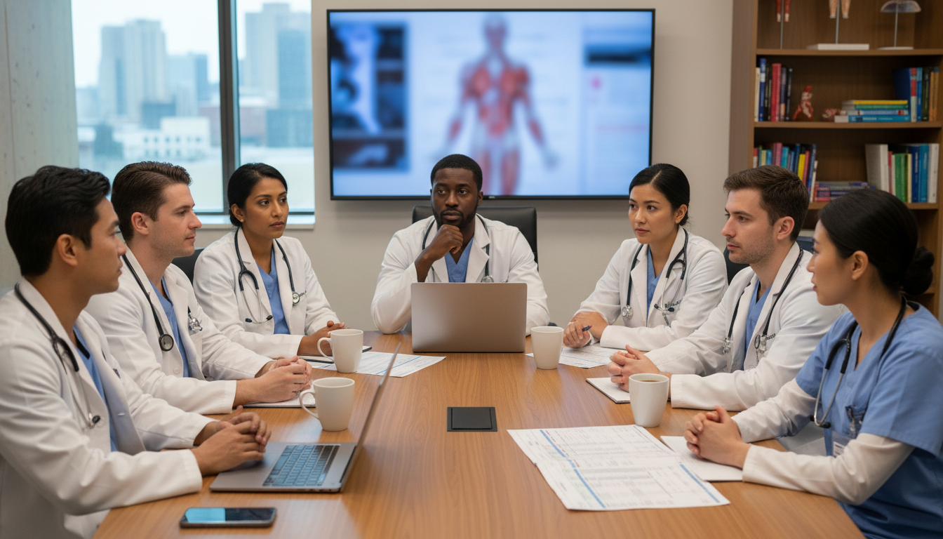 Vascular surgery residents discussing program culture in a hospital conference room Vascular surgery residents discussing program culture in a hospital conference room - Caribbean medical school residency for