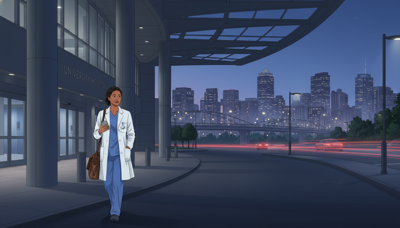 Vascular surgery resident leaving hospital at dusk Vascular surgery resident leaving hospital at dusk - Caribbean medical school residency for Work-Life Balance Assessment for