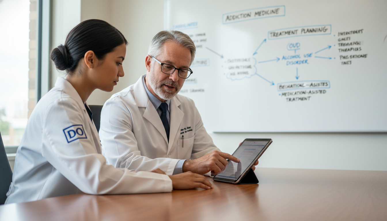 Osteopathic trainee discussing addiction medicine case with mentor Osteopathic trainee discussing addiction medicine case with mentor - DO graduate residency for CV Building for DO Graduate in