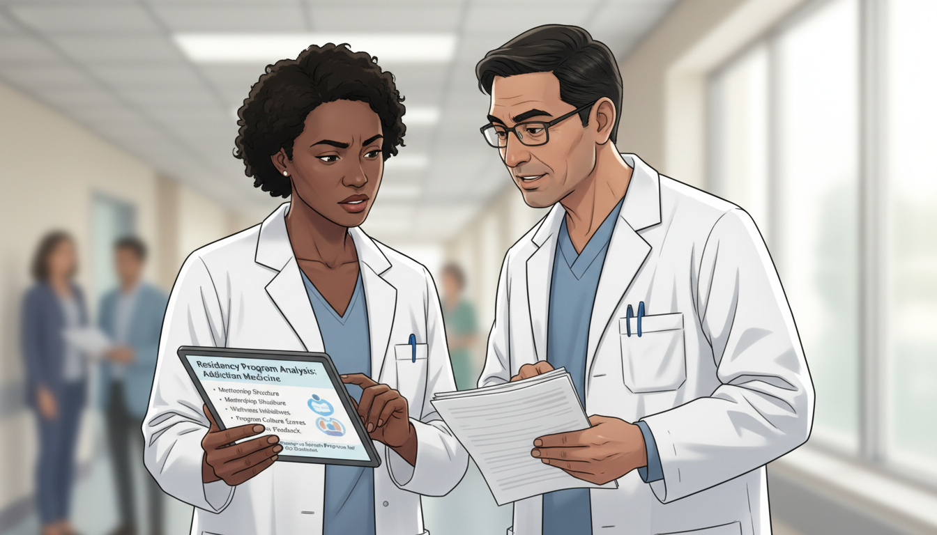 Resident physician in addiction medicine discussing program culture with senior fellow Resident physician in addiction medicine discussing program culture with senior fellow - DO graduate residency for Identifyin