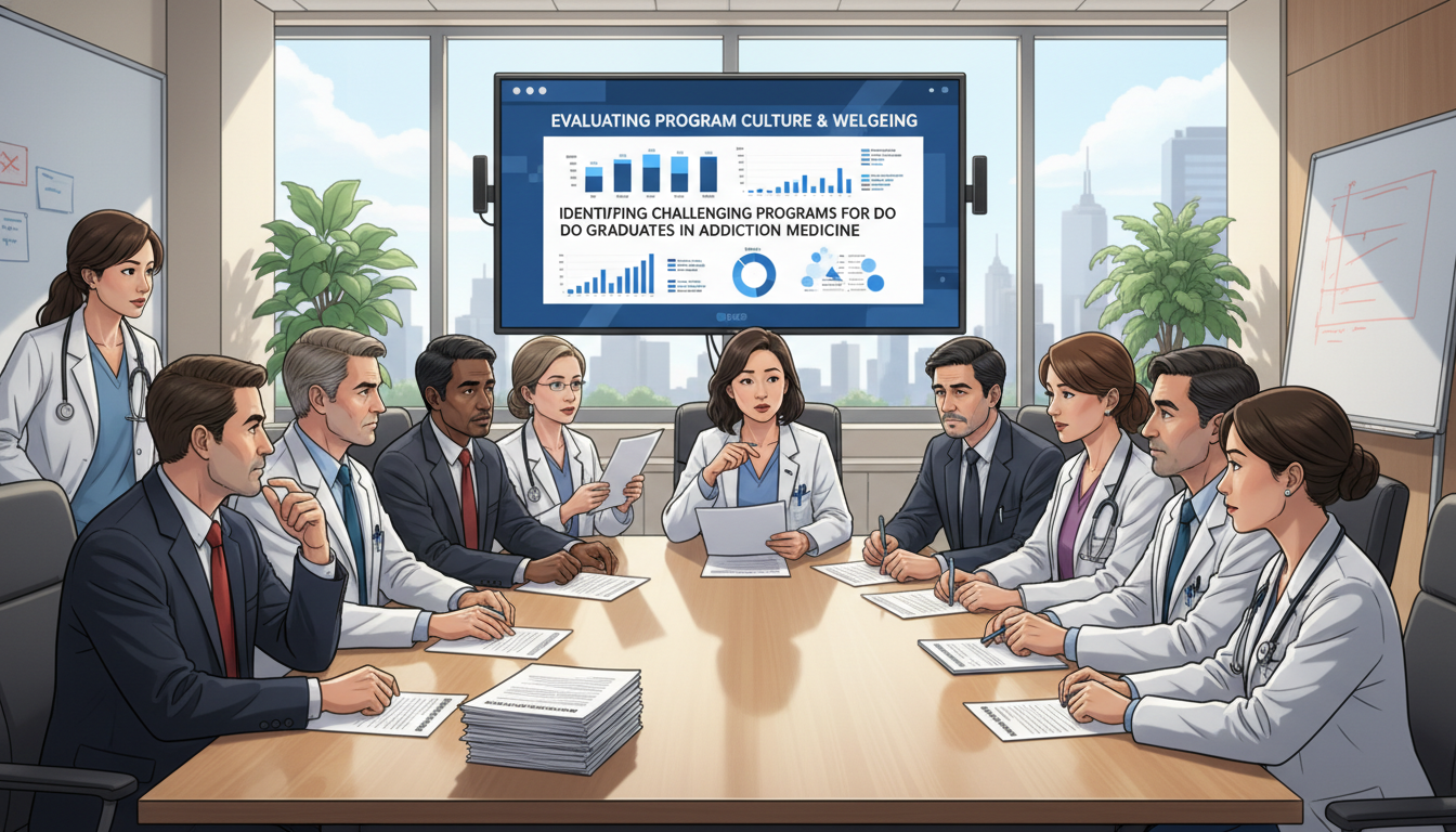 Addiction medicine team meeting evaluating program policies and resident well-being Addiction medicine team meeting evaluating program policies and resident well-being - DO graduate residency for Identifying M