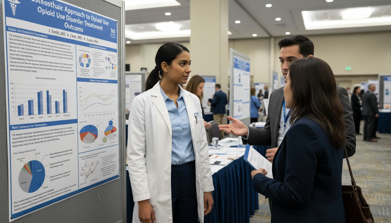 Resident presenting addiction medicine research poster - DO graduate residency for Research During Residency for DO Graduate