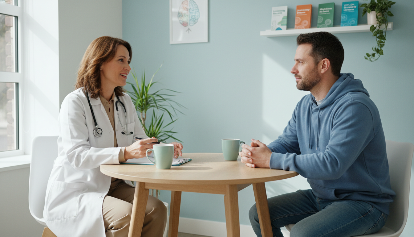 Addiction medicine physician counseling patient in outpatient clinic Addiction medicine physician counseling patient in outpatient clinic - DO graduate residency for Work-Life Balance Assessment
