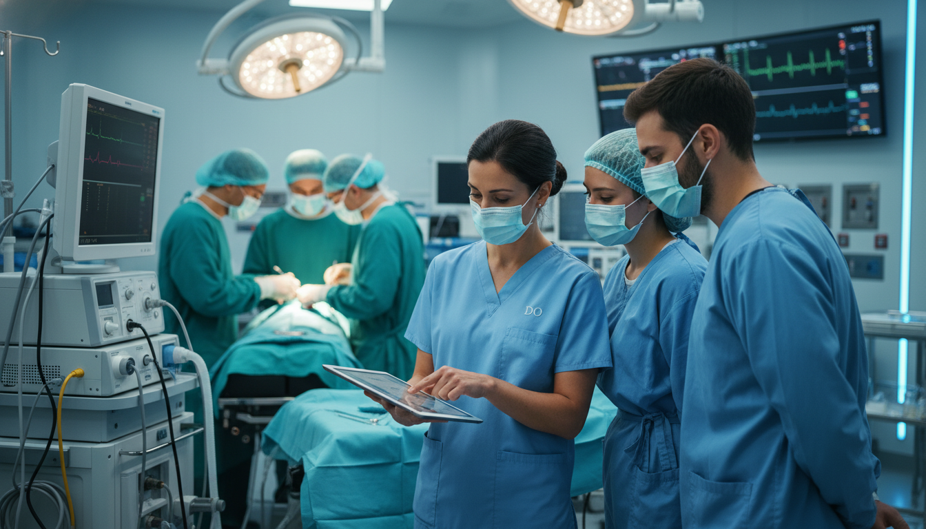 Academic anesthesiologist teaching residents in an operating room Academic anesthesiologist teaching residents in an operating room - DO graduate residency for Academic vs Private Practice fo